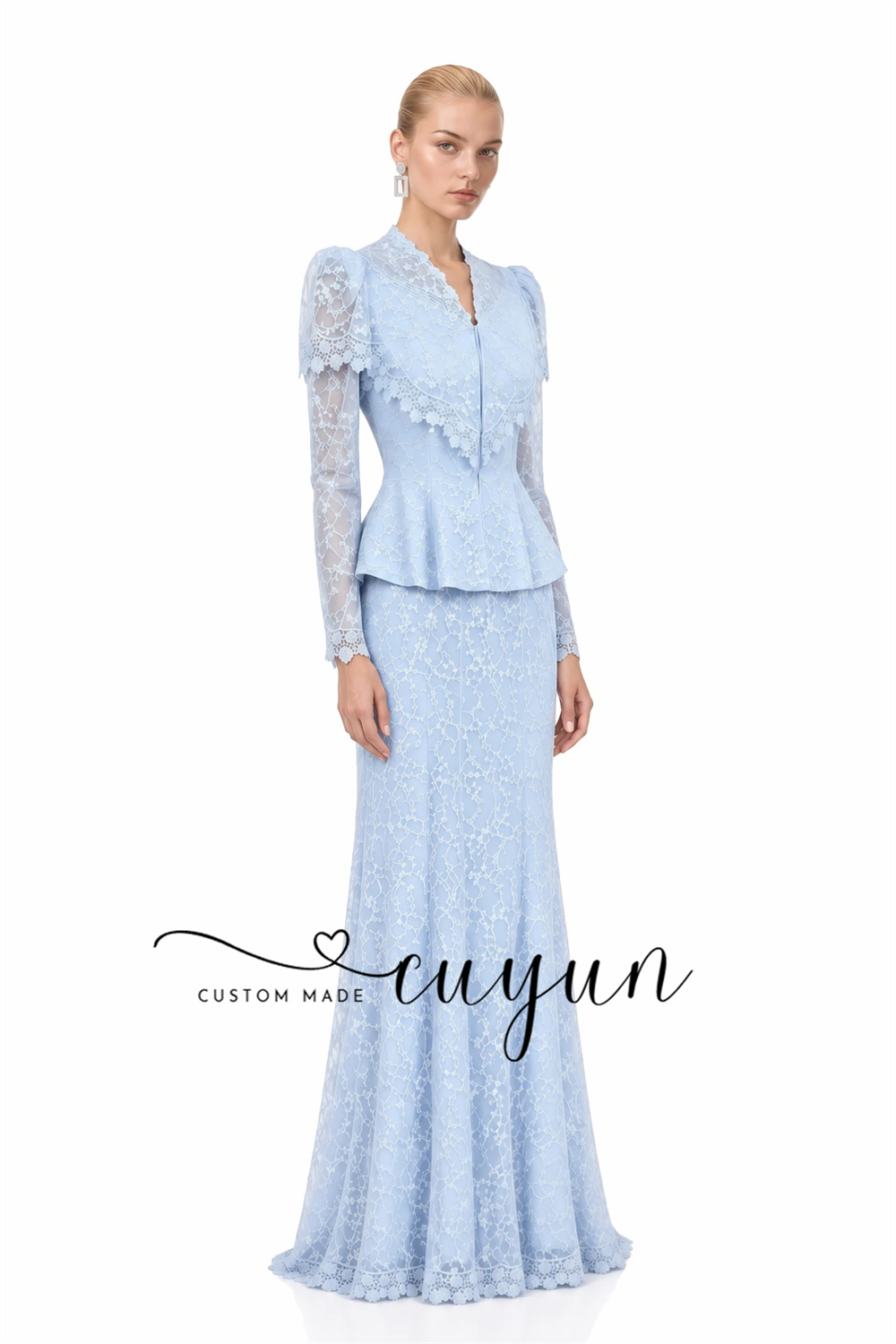CUYUN Light Blue Puff Sleeve L - Women'S Semi Formal Evening Wear 评论和价格