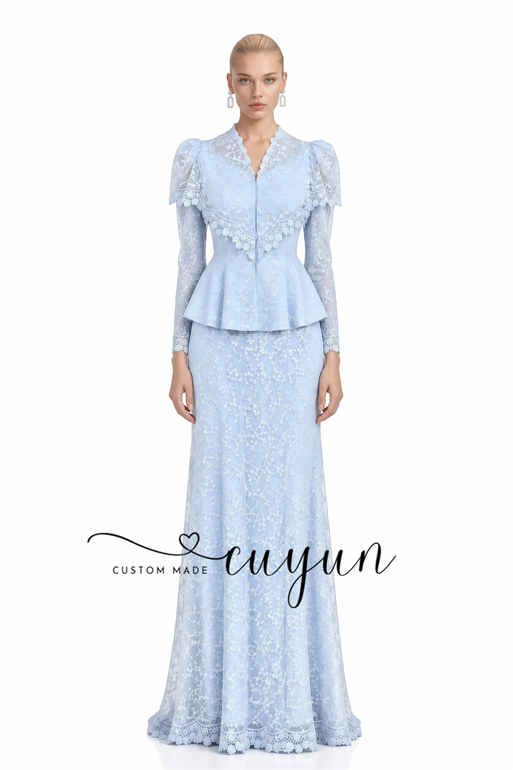 CUYUN Light Blue Puff Sleeve L - Women'S Semi Formal Evening Wear 评论和价格